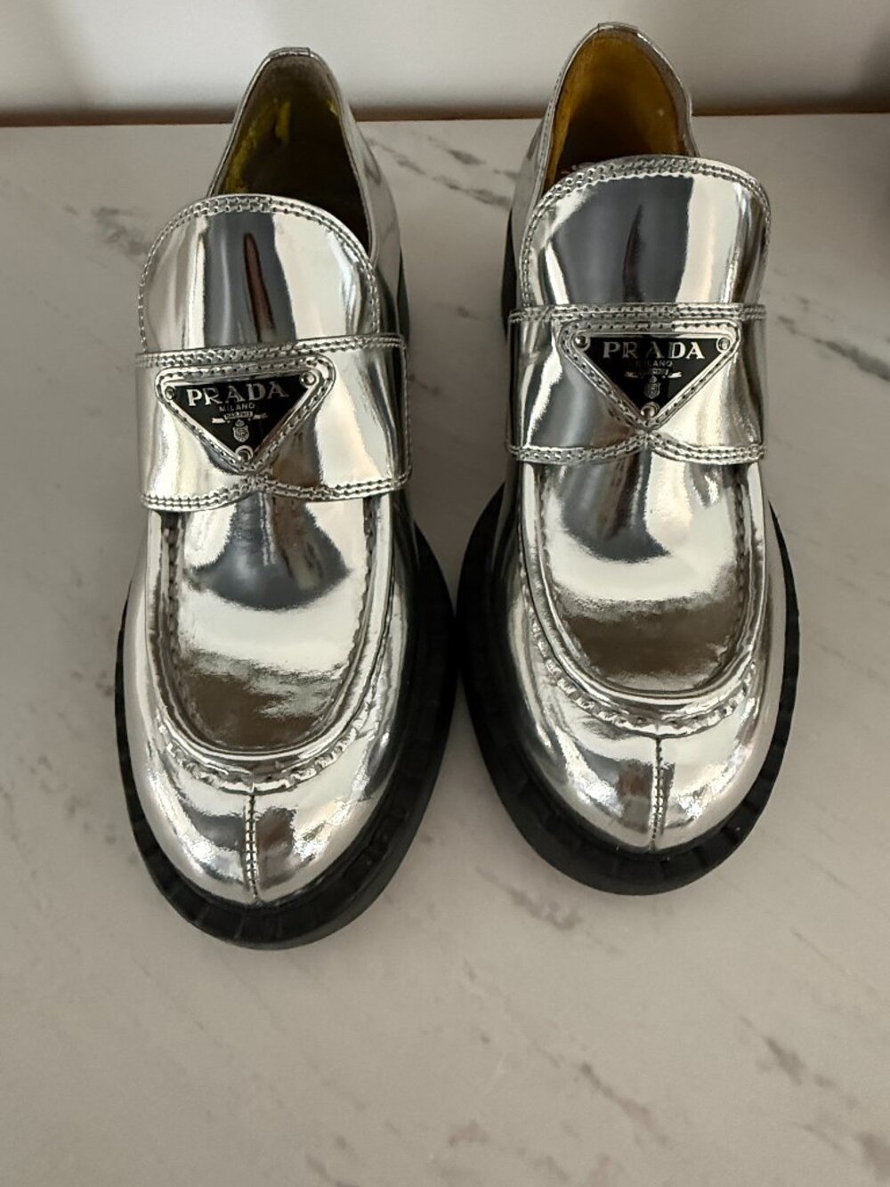 Prada Silver / Argento Triangle Logo Metallic Loafers (Size 36)